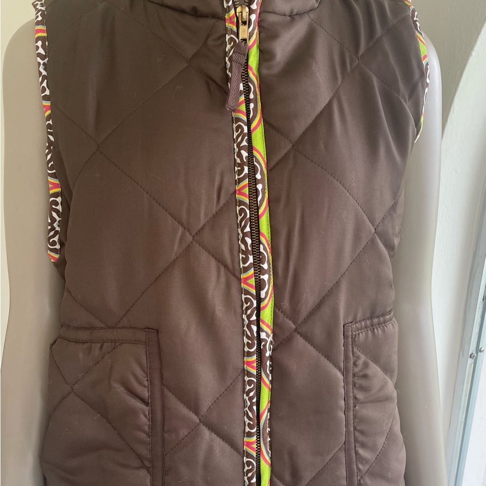 Dizzy Lizzy Brown Quilted Vest with Lime Green and Brown Lining M NWT - Picture 2 of 10